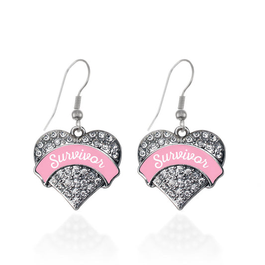 Silver Pink Script Survivor Breast Cancer Support Pave Heart Charm Dangle Earrings