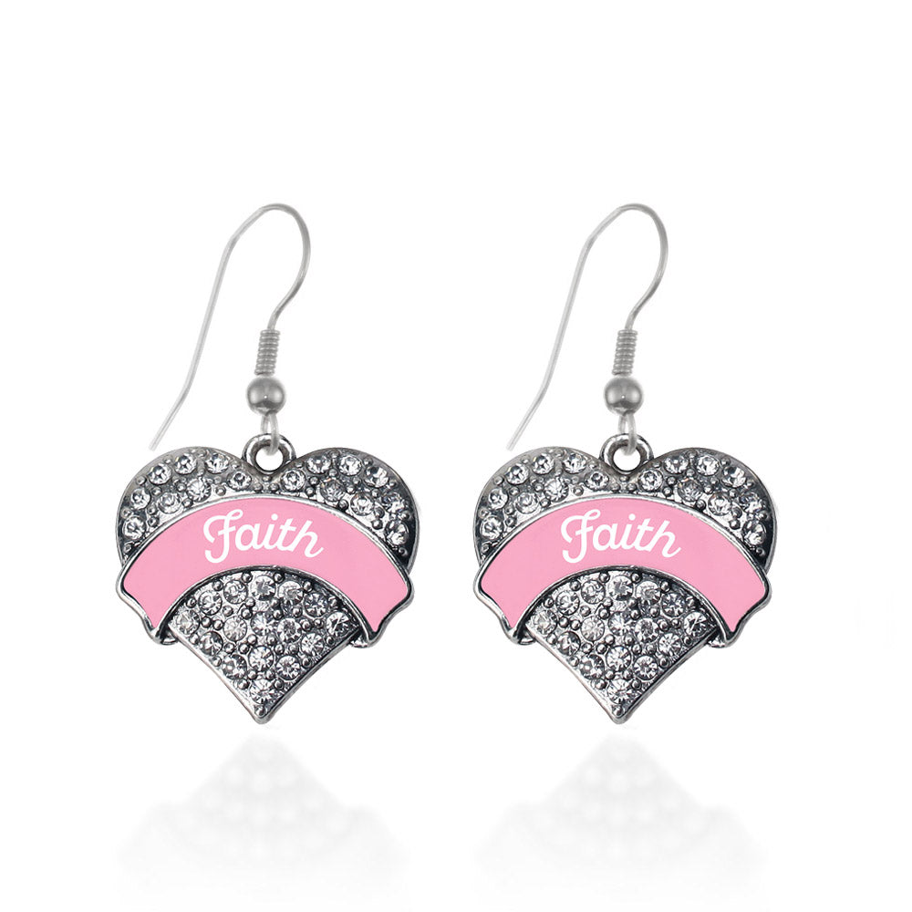 Silver Pink Script Faith Breast Cancer Support Pave Heart Charm Dangle Earrings
