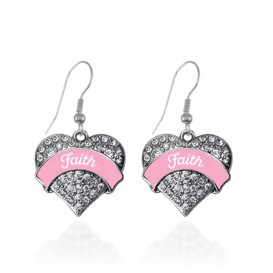 Silver Pink Script Faith Breast Cancer Support Pave Heart Charm Dangle Earrings