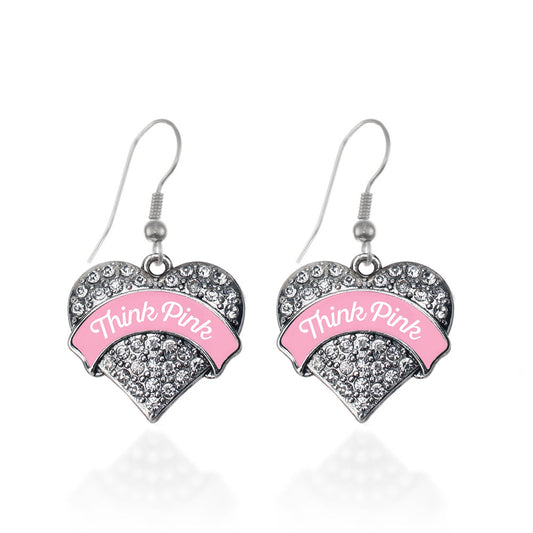 Silver Think Pink Breast Cancer Support Pave Heart Charm Dangle Earrings