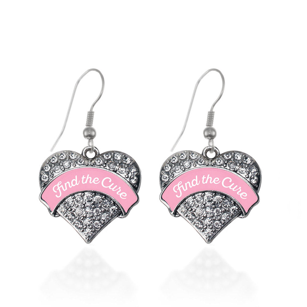 Silver Pink Script Find the Cure Breast Cancer Support Pave Heart Charm Dangle Earrings