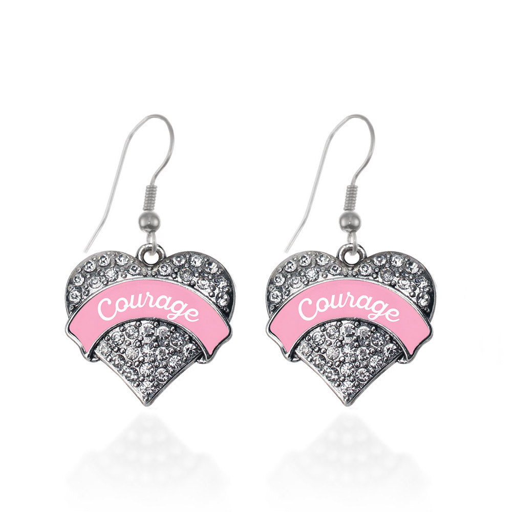 Silver Pink Script Courage Breast Cancer Support Pave Heart Charm Dangle Earrings