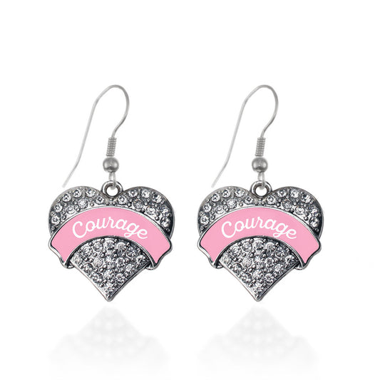 Silver Pink Script Courage Breast Cancer Support Pave Heart Charm Dangle Earrings
