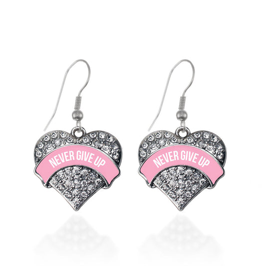 Silver Never Give Up Pink Breast Cancer Support Pave Heart Charm Dangle Earrings