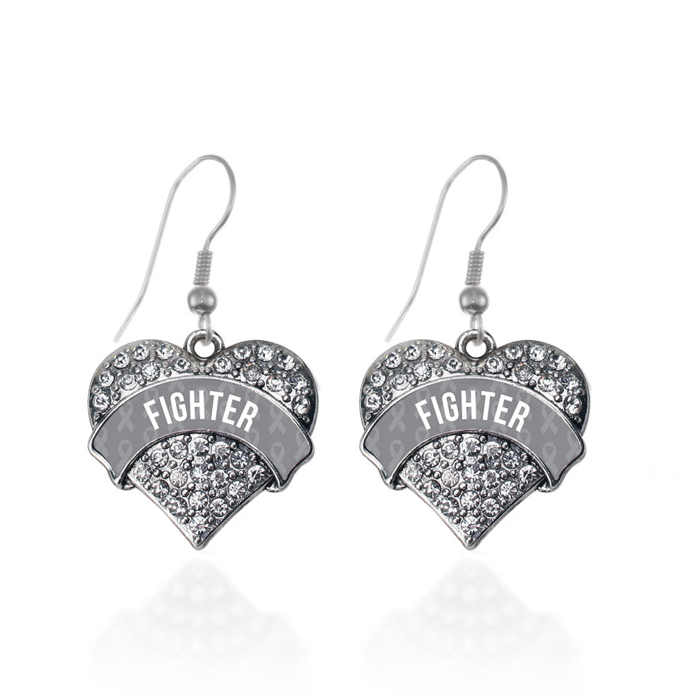Silver Gray Fighter Pave Heart Charm Dangle Earrings