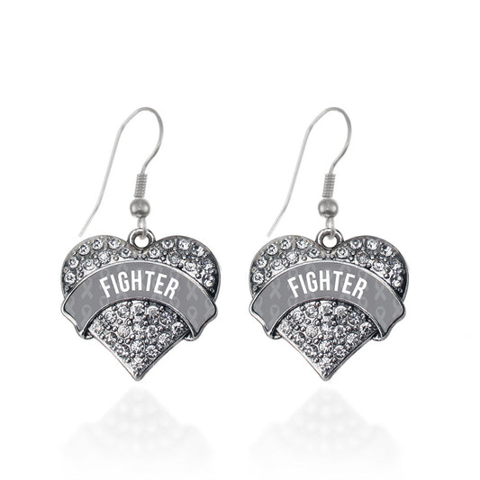 Silver Gray Fighter Pave Heart Charm Dangle Earrings