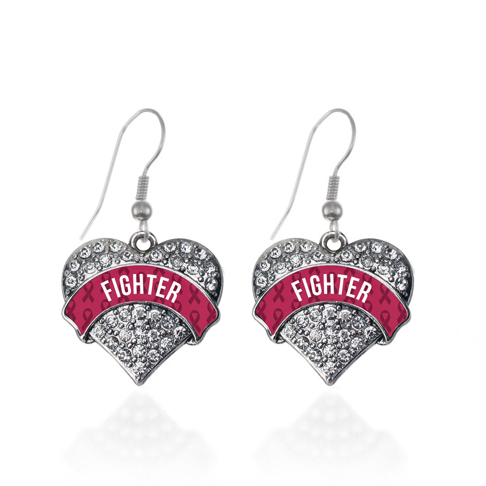 Silver Burgundy Fighter Pave Heart Charm Dangle Earrings
