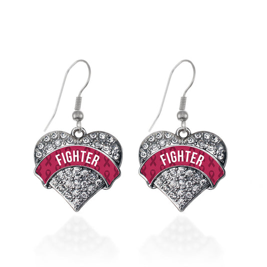 Silver Burgundy Fighter Pave Heart Charm Dangle Earrings