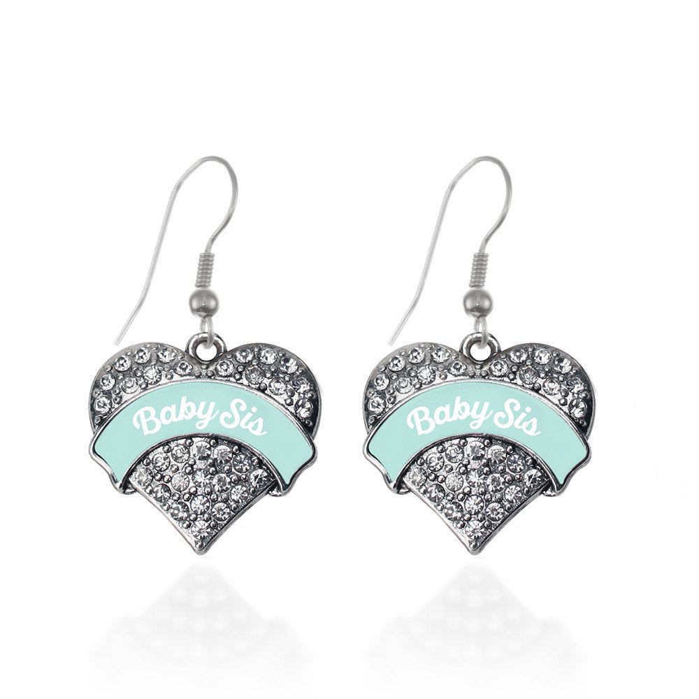 Silver Mint Baby Sister Pave Heart Charm Dangle Earrings
