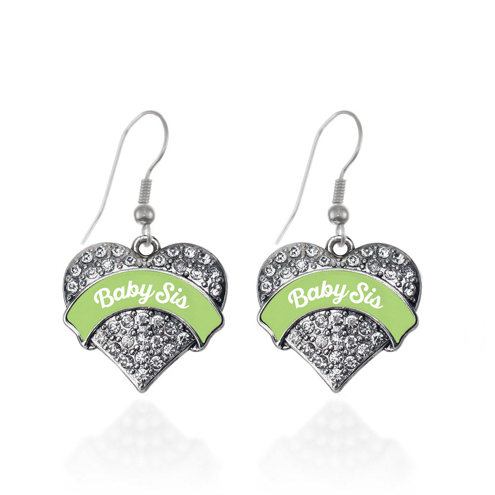 Silver Sage Green Baby Sister Pave Heart Charm Dangle Earrings