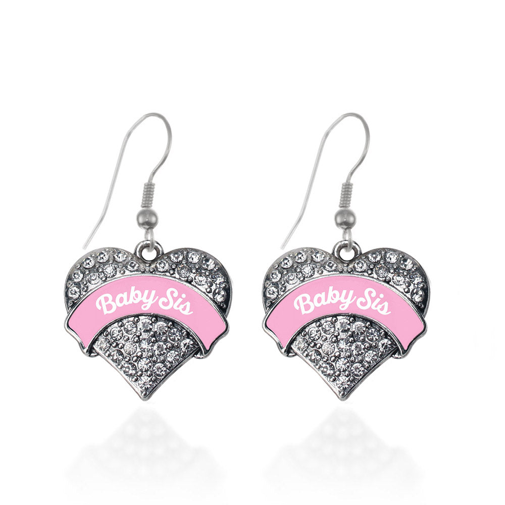 Silver Pink Baby Sister Pave Heart Charm Dangle Earrings