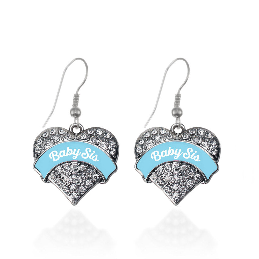 Silver Light Blue Baby Sister Pave Heart Charm Dangle Earrings