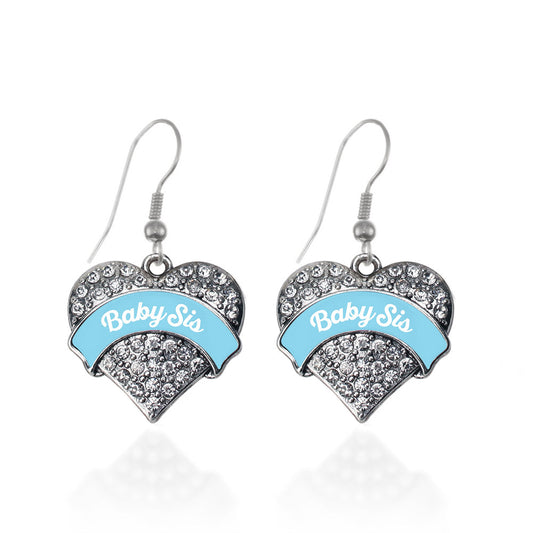 Silver Light Blue Baby Sister Pave Heart Charm Dangle Earrings