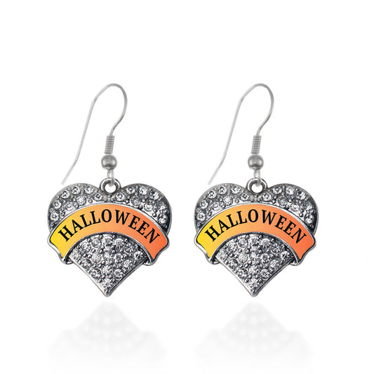 Silver Halloween Pave Heart Charm Dangle Earrings