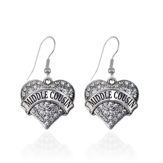 Silver Middle Cousin Pave Heart Charm Dangle Earrings