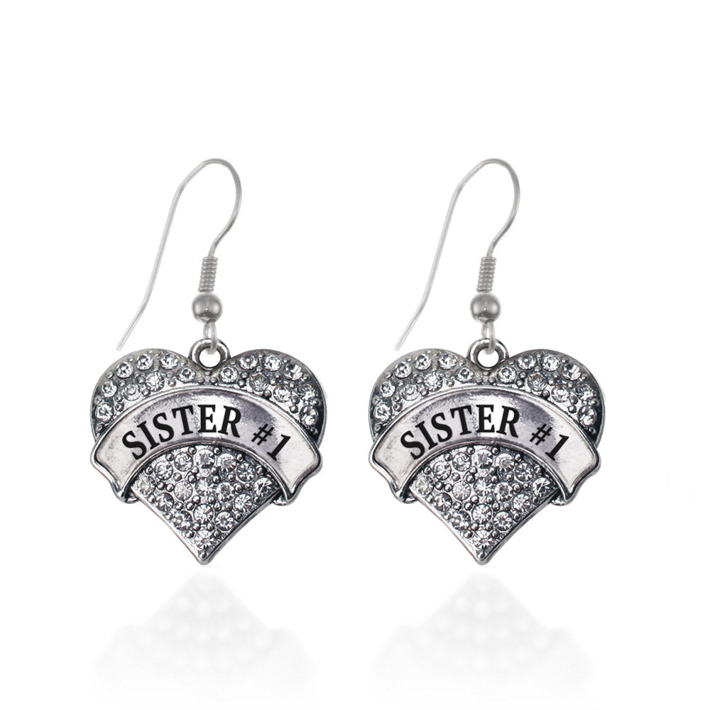 Silver Sister #1 Pave Heart Charm Dangle Earrings