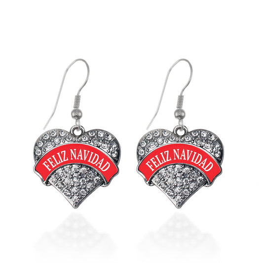 Silver Feliz Navidad Pave Heart Charm Dangle Earrings
