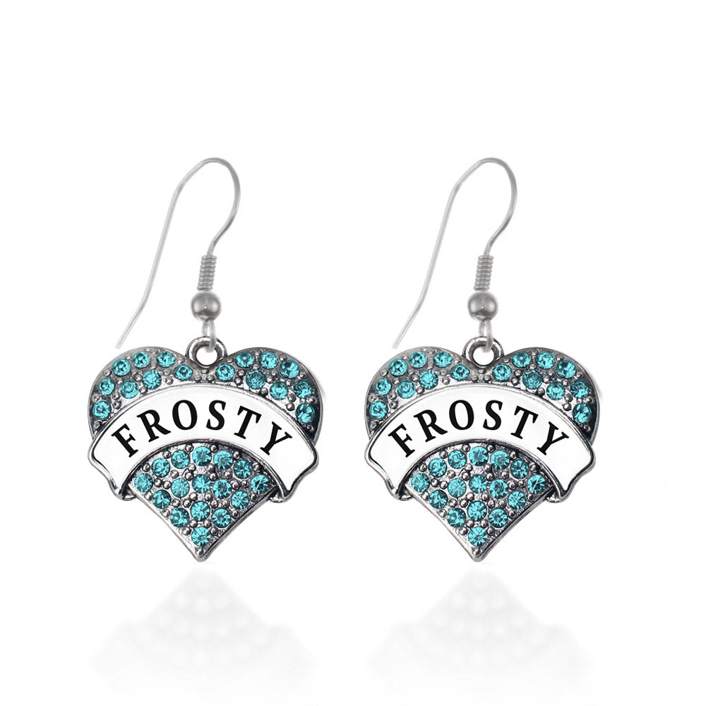 Silver Frosty Aqua Pave Heart Charm Dangle Earrings