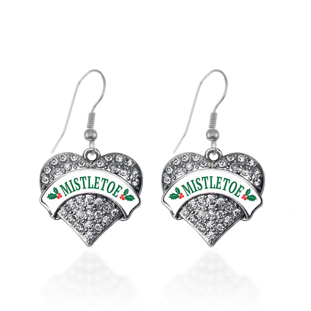 Silver Mistletoe Pave Heart Charm Dangle Earrings