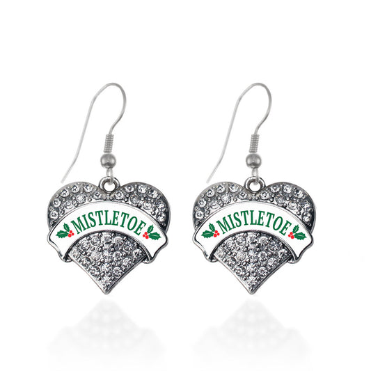 Silver Mistletoe Pave Heart Charm Dangle Earrings