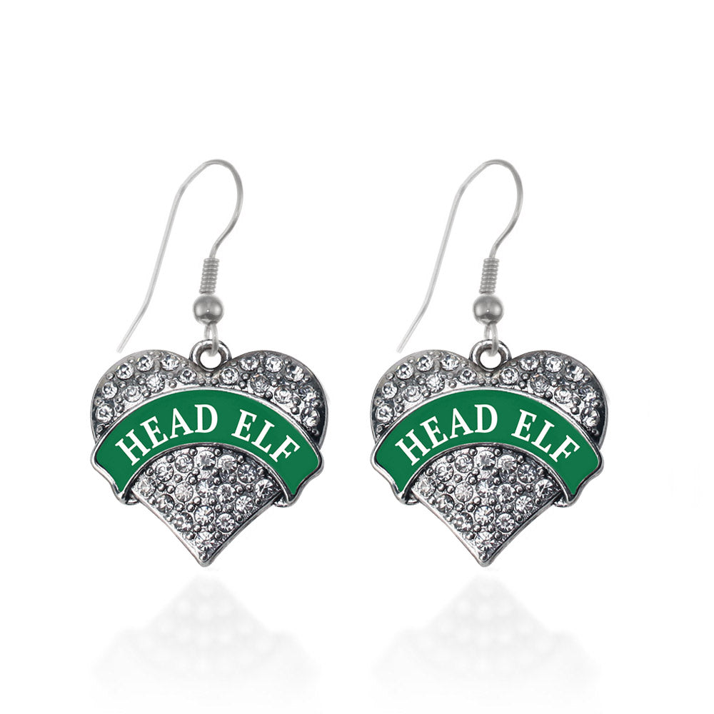 Silver Green Head Elf Pave Heart Charm Dangle Earrings