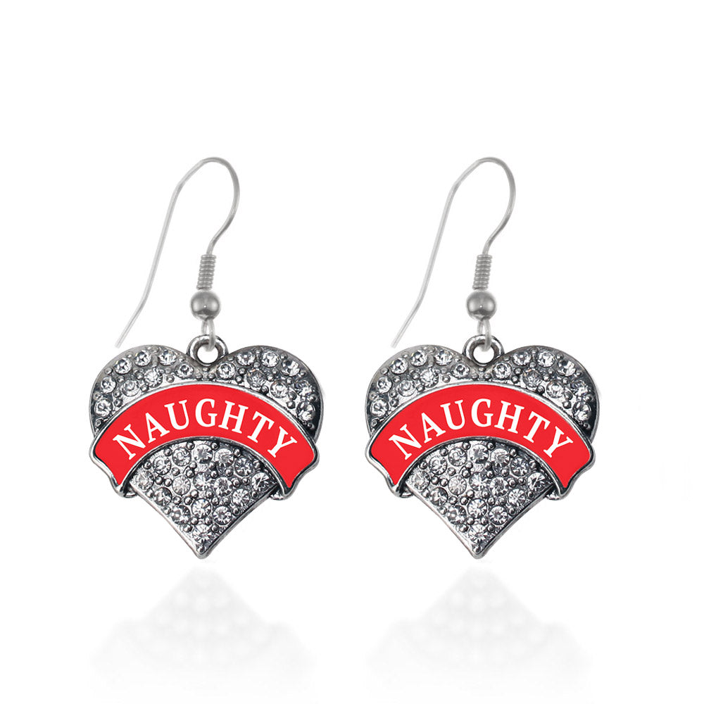 Silver Red Naughty Pave Heart Charm Dangle Earrings