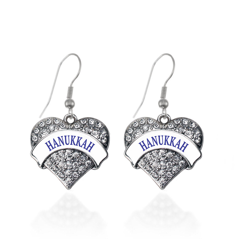 Silver Hanukkah Pave Heart Charm Dangle Earrings