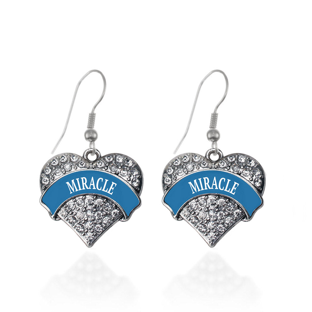 Silver Blue Miracle Pave Heart Charm Dangle Earrings