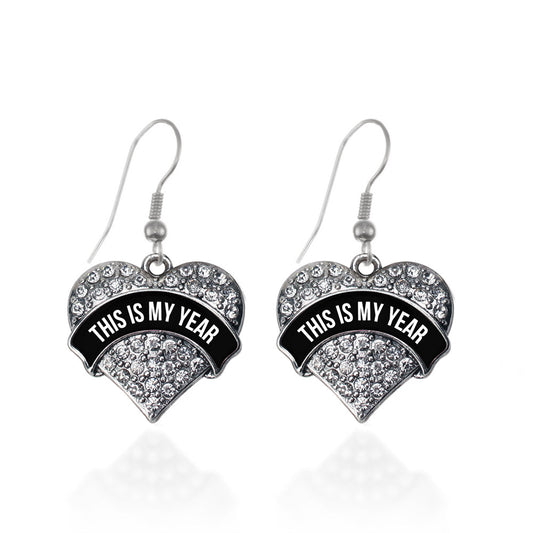 Silver This is My Year Pave Heart Charm Dangle Earrings