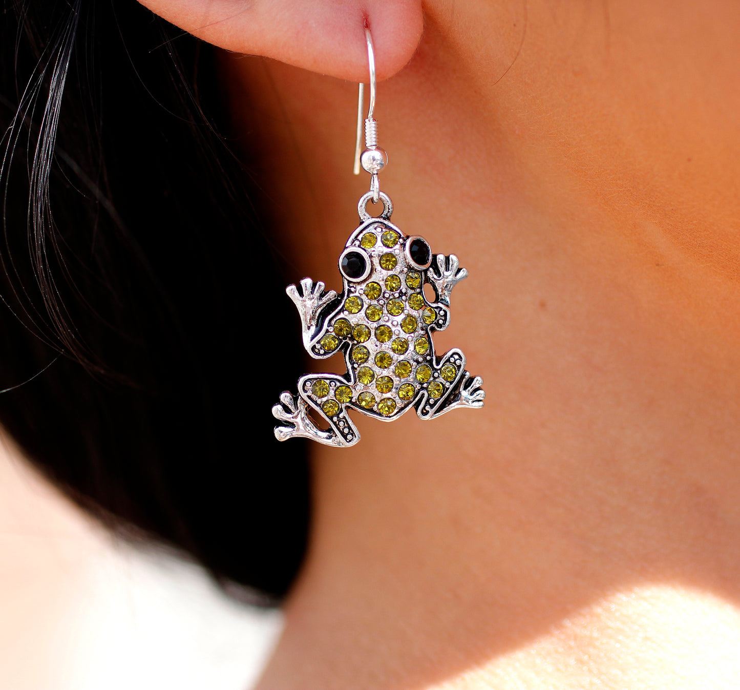 Silver Green Frog Charm Dangle Earrings