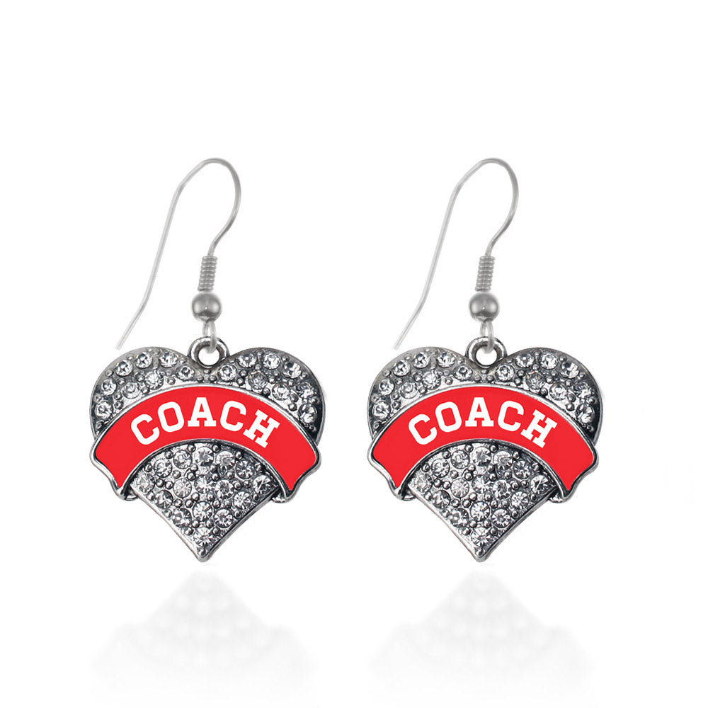 Silver Coach - Red and White Pave Heart Charm Dangle Earrings
