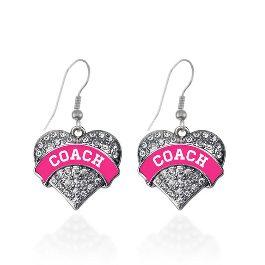 Silver Coach - Fuchsia and White Pave Heart Charm Dangle Earrings
