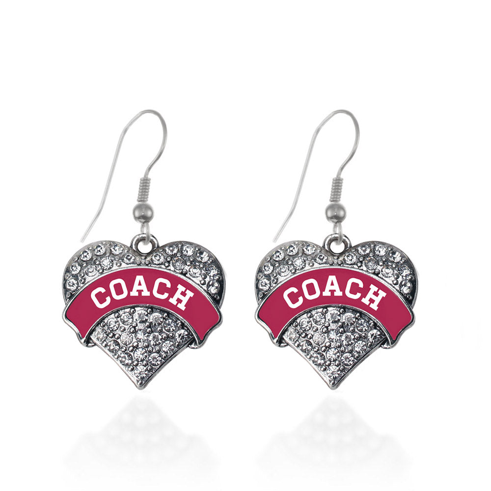 Silver Coach - Maroon and White Pave Heart Charm Dangle Earrings
