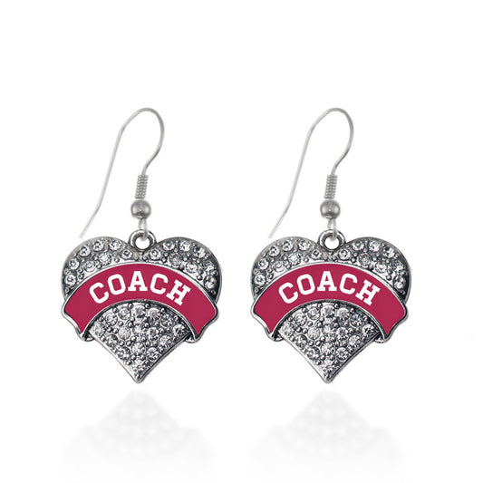 Silver Coach - Maroon and White Pave Heart Charm Dangle Earrings