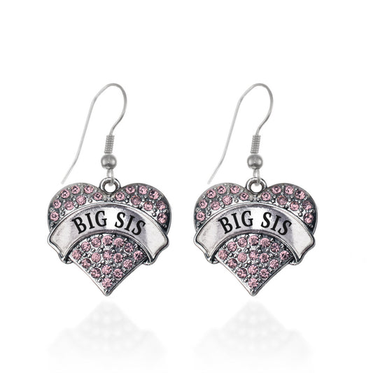 Silver Big Sis Pink Pink Pave Heart Charm Dangle Earrings