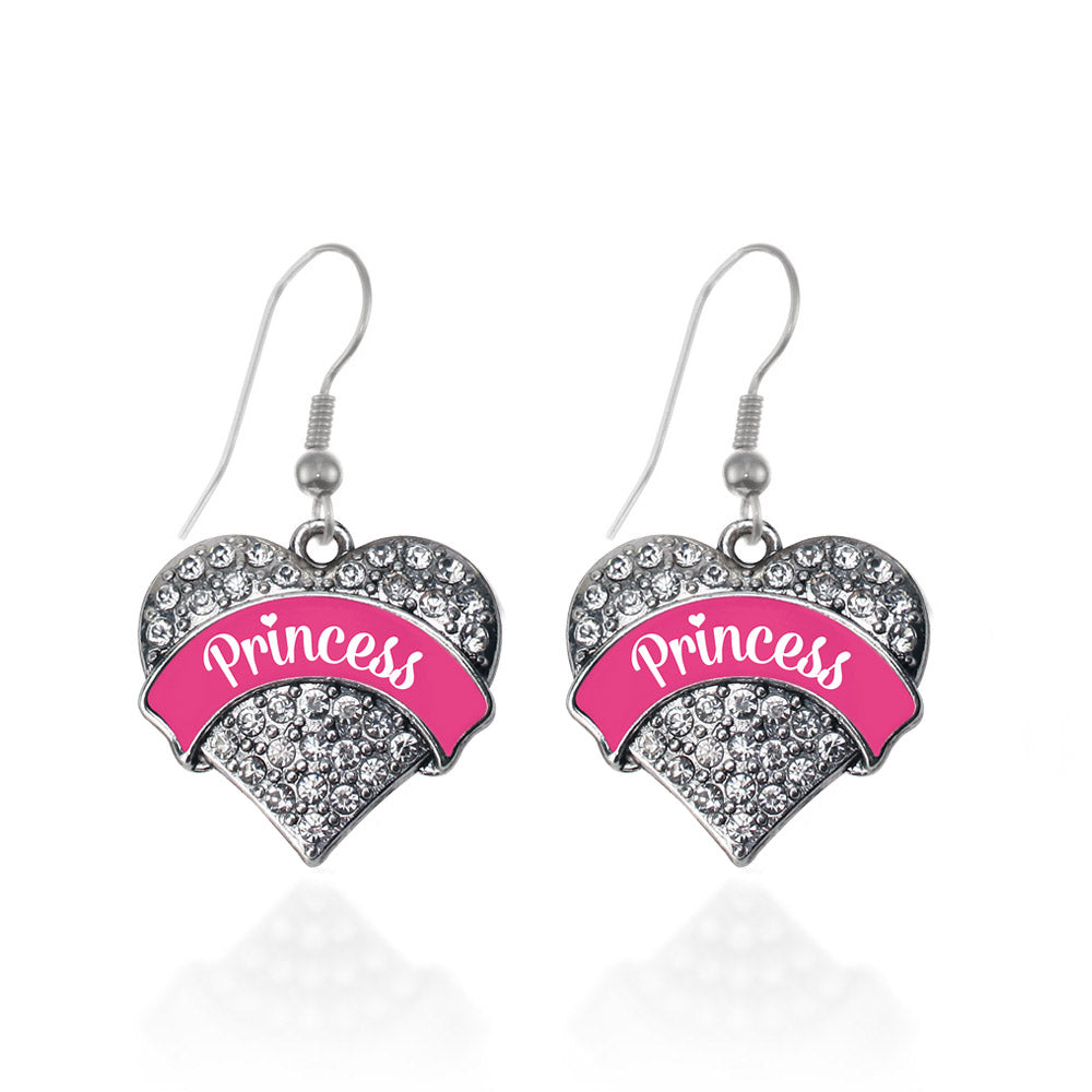 Silver Princess - Fuchsia Pave Heart Charm Dangle Earrings