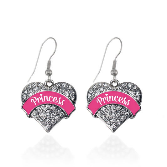 Silver Princess - Fuchsia Pave Heart Charm Dangle Earrings