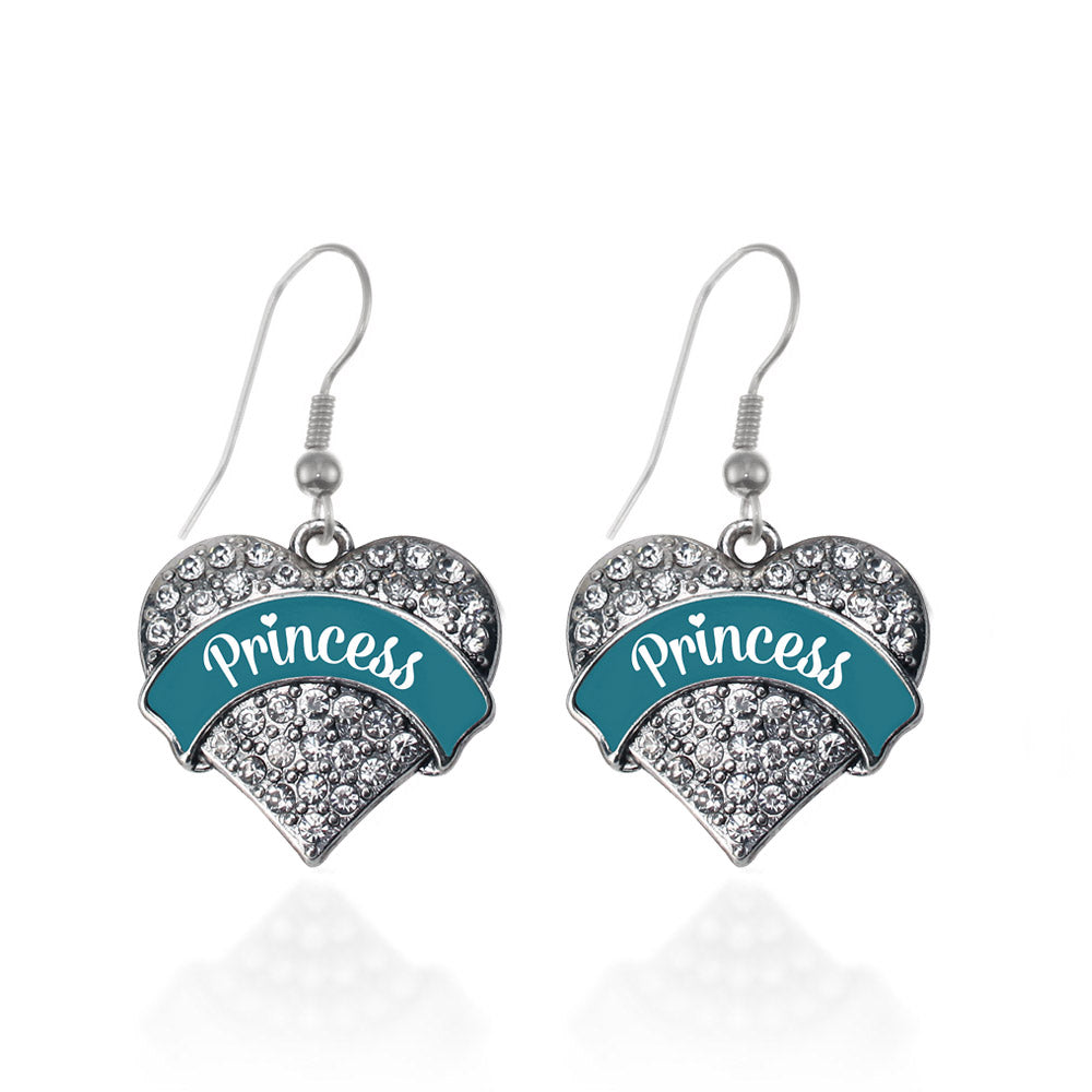 Silver Princess - Dark Teal Pave Heart Charm Dangle Earrings