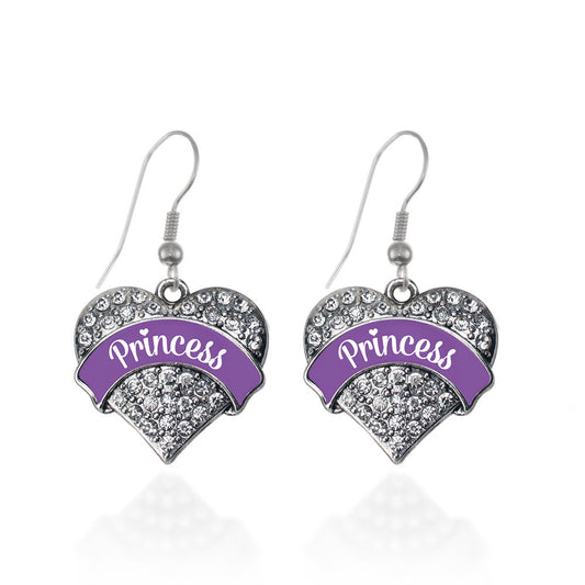 Silver Princess - Purple Pave Heart Charm Dangle Earrings