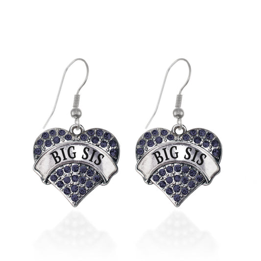 Silver Big Sis Navy Blue Blue Pave Heart Charm Dangle Earrings
