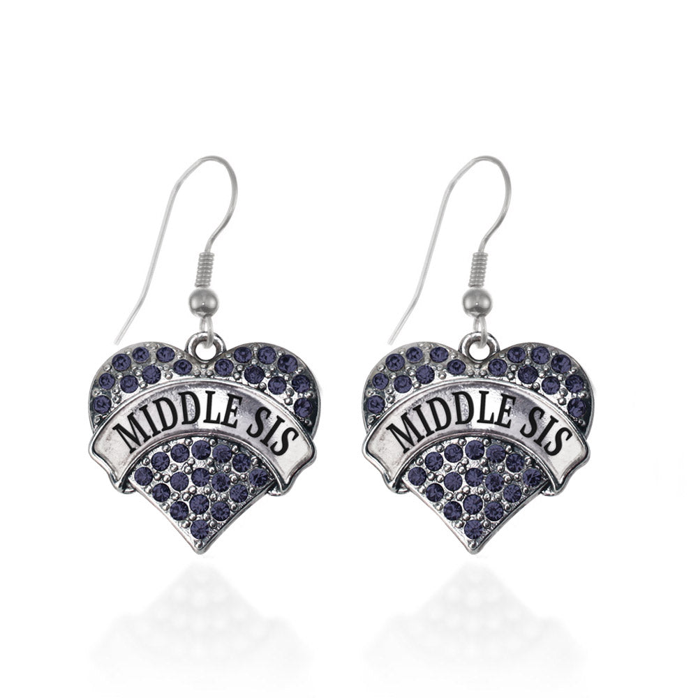 Silver Middle Sis Navy Blue Blue Pave Heart Charm Dangle Earrings