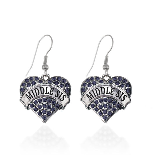 Silver Middle Sis Navy Blue Blue Pave Heart Charm Dangle Earrings