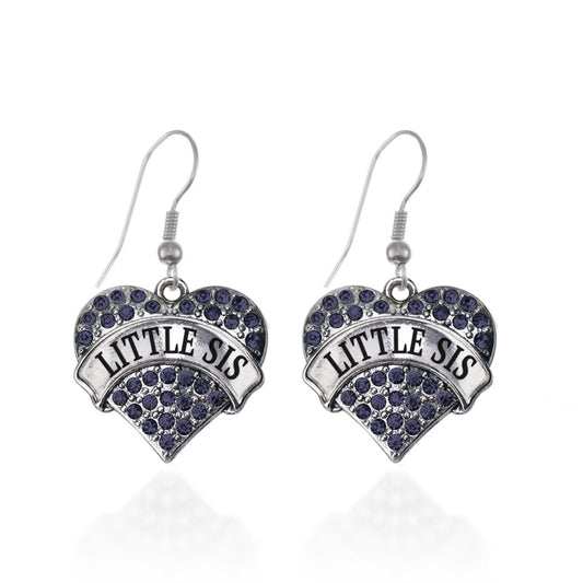 Silver Little Sis Navy Blue Blue Pave Heart Charm Dangle Earrings