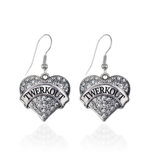 Silver Twerkout Pave Heart Charm Dangle Earrings