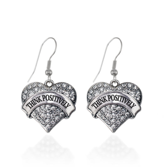 Silver Think Positively Pave Heart Charm Dangle Earrings