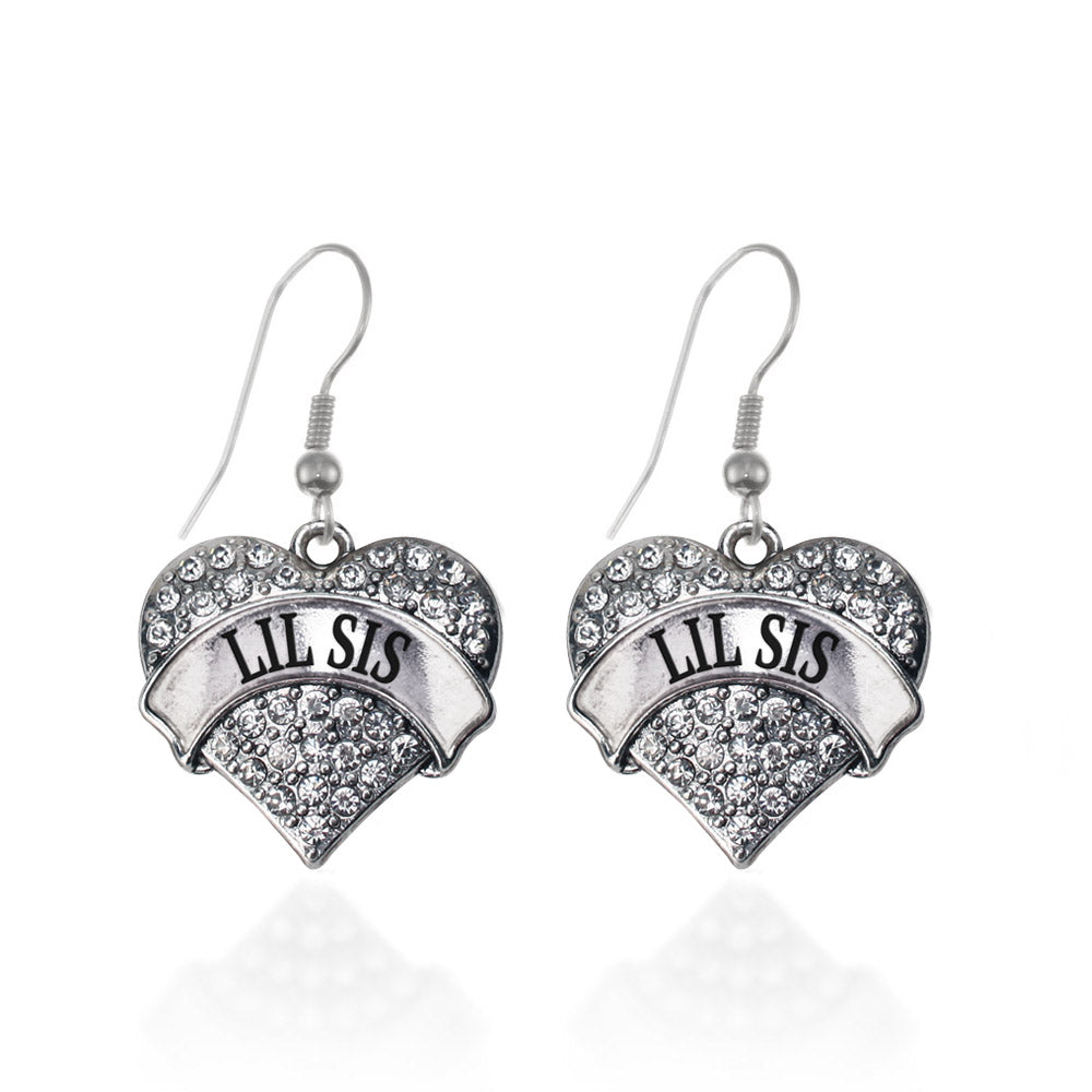 Silver Lil Sis Pave Heart Charm Dangle Earrings