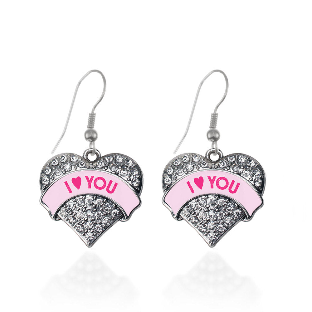 Silver I Love You Pink Candy Pave Heart Charm Dangle Earrings