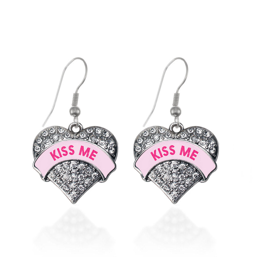Silver Kiss Me Pink Candy Pave Heart Charm Dangle Earrings