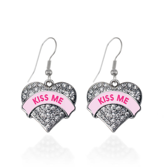 Silver Kiss Me Pink Candy Pave Heart Charm Dangle Earrings