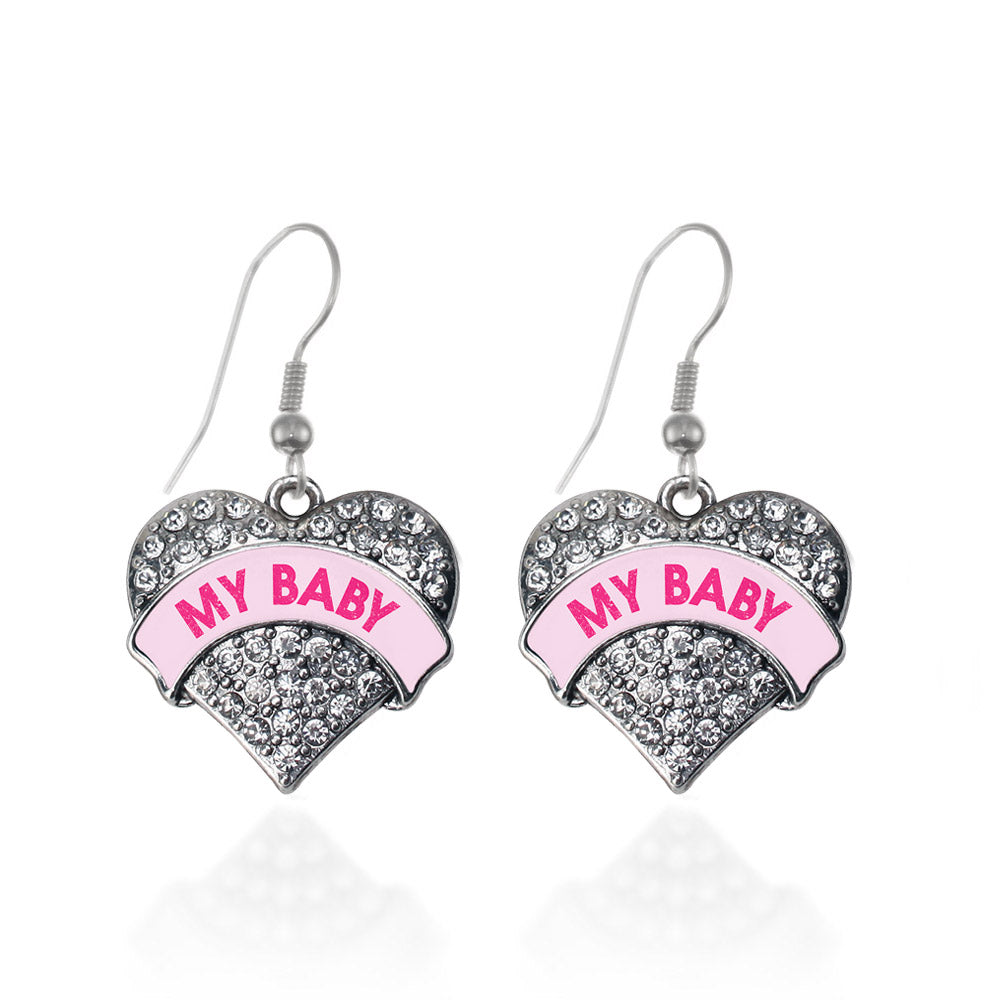 Silver My Baby Pink Candy Pave Heart Charm Dangle Earrings